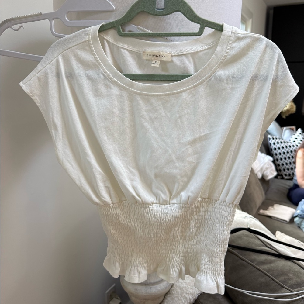 White Smocked Waist Cap Sleeve Top